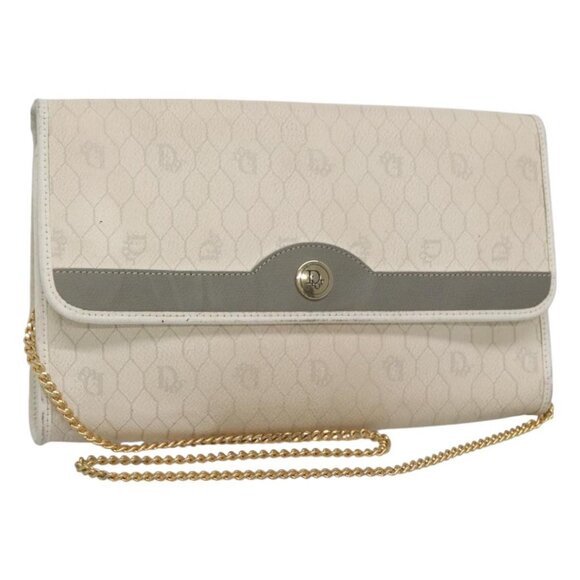Christian Dior Honeycomb Canvas Chain Shoulder Bag PVC Leather White Auth EC494 - Picture 1 of 16
